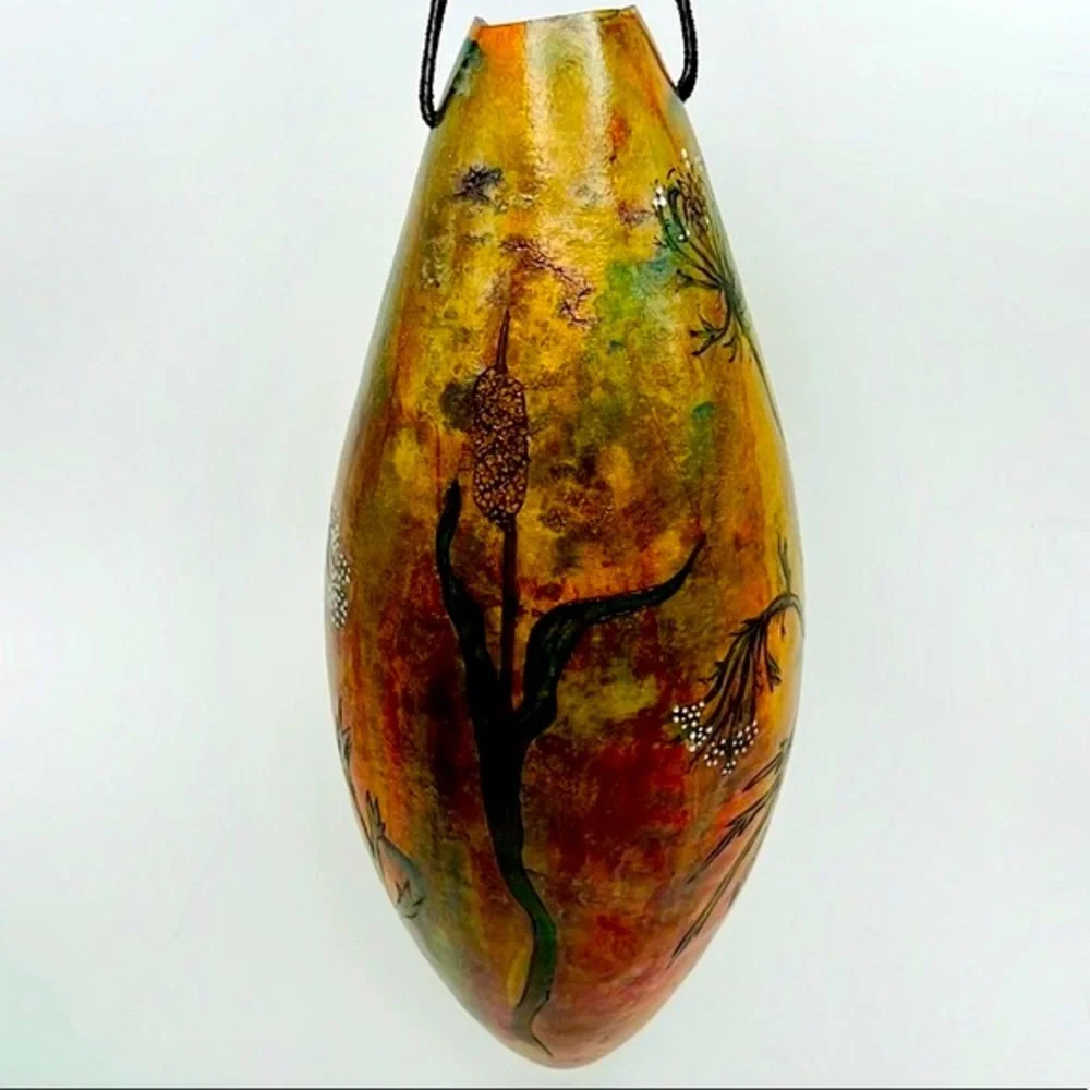 “ Hanging Cattails & Lace ” Original Gourd Art Vase / Vessel by Kristina Simkins - Picture 4 of 10